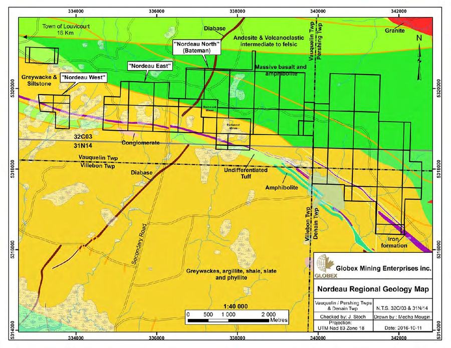 Carte géologique du gisement Nordeau indiquant les principales unités lithologiques et structures du secteur de Val-d’Or