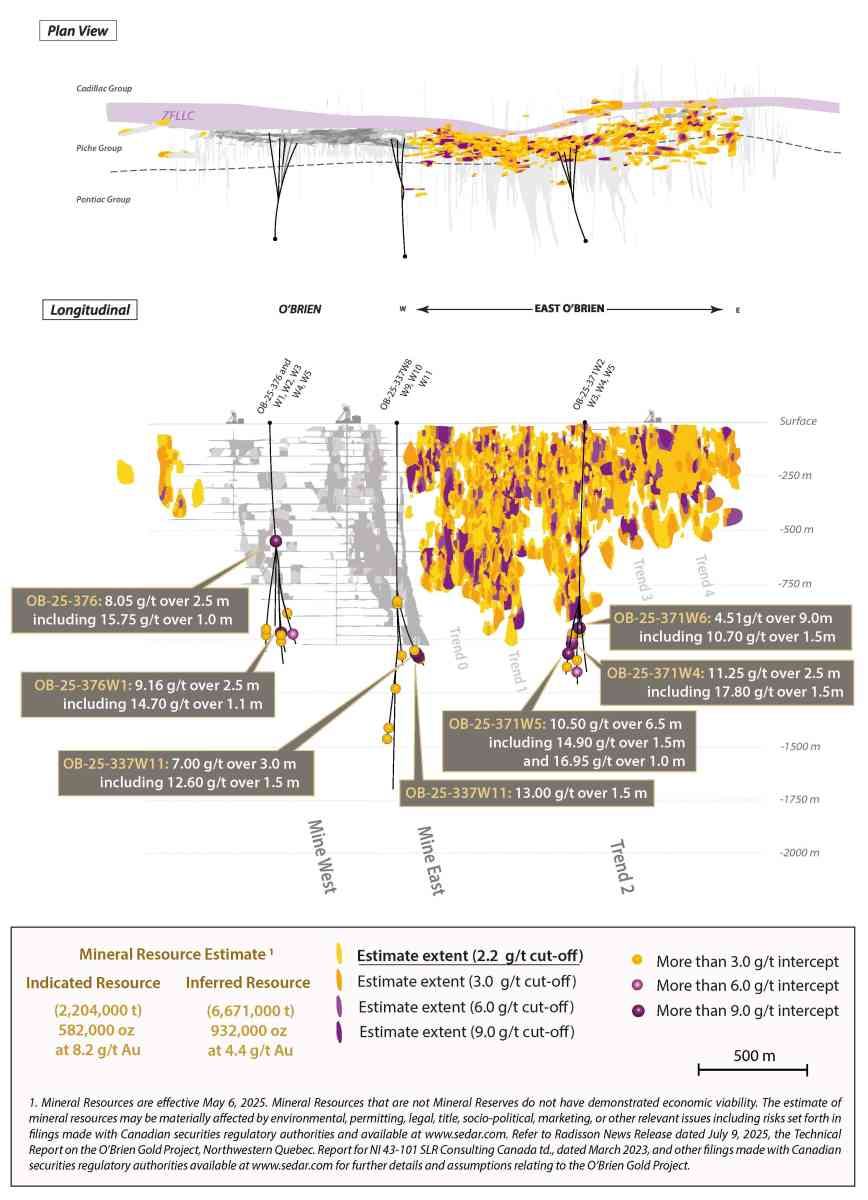 Coupe longitudinale verticale et vue en plan de la minéralisation filonienne aurifère et des ressources minérales du projet aurifère O'Brien, avec illustration des forages réalisés aujourd'hui