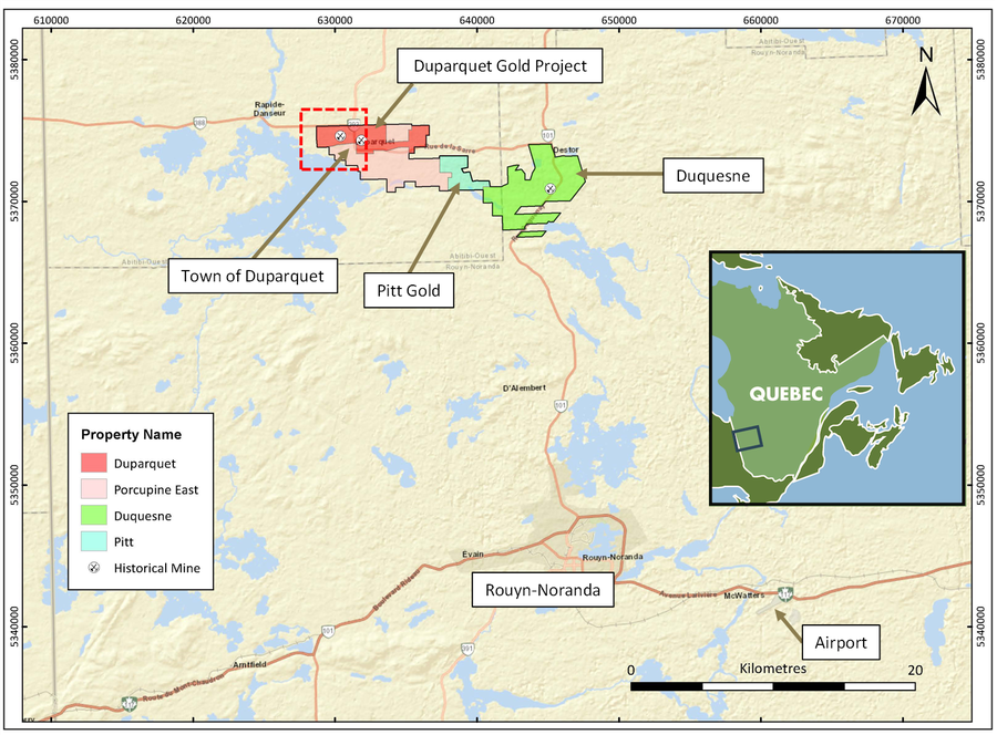 Carte de l’emplacement du projet Duparquet en Abitibi-Ouest.