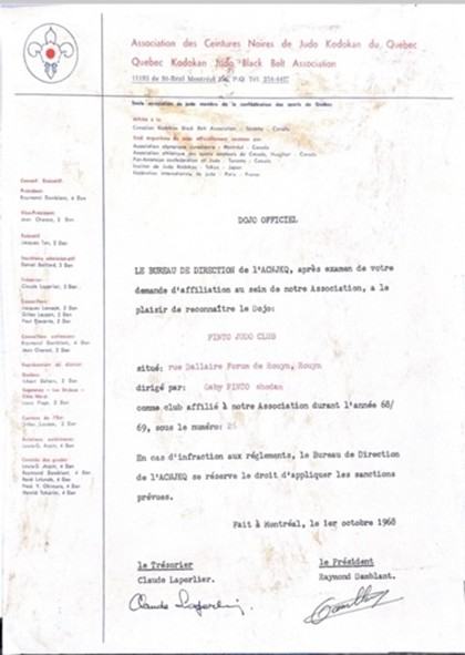 Lettre approuvant la demande de dojo officiel signé par Raymond Damblant, pilier du judo au Canada.