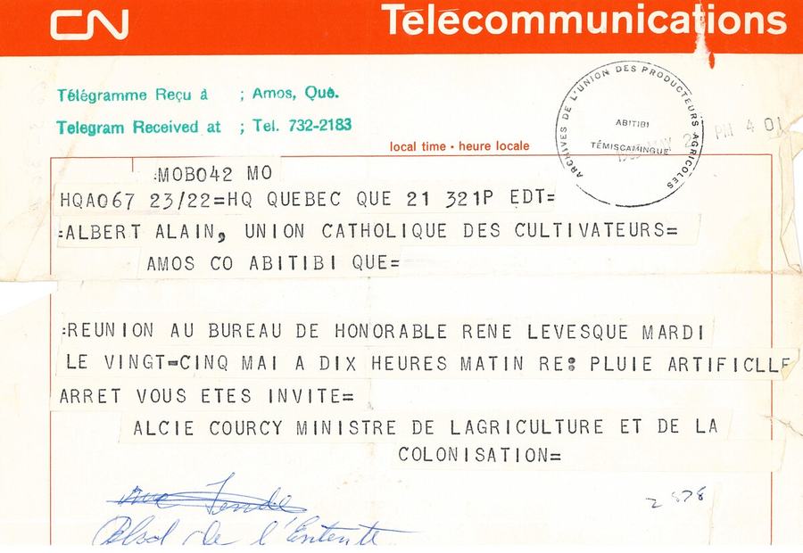 Télégramme de convocation envoyé à Albert Alain de l’UCC pour une rencontre avec le ministre René Lévesque le 25 mai 1965.  CP : Archives nationales à Rouyn-Noranda, fonds Fédération de l’Union des producteurs agricoles (08Y_P79, D122).
